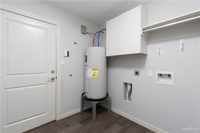 clothes washing area with cabinets, dark hardwood / wood-style floors, washer hookup, hookup for an electric dryer, and water heater