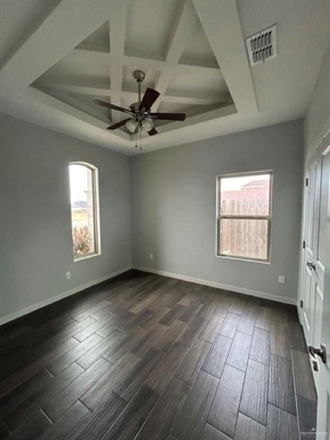 unfurnished room featuring coffered ceiling, beam ceiling, dark hardwood / wood-style flooring, and ceiling fan