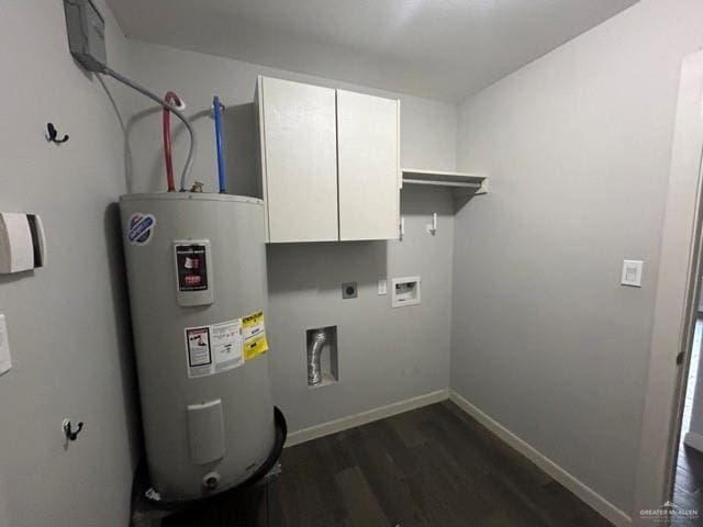 laundry area with dark hardwood / wood-style floors, water heater, cabinets, hookup for a washing machine, and electric dryer hookup