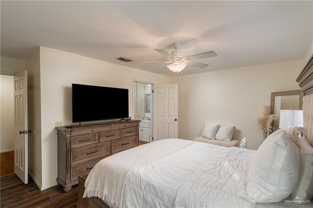 bedroom with a ceiling fan, visible vents, dark wood finished floors, and baseboards