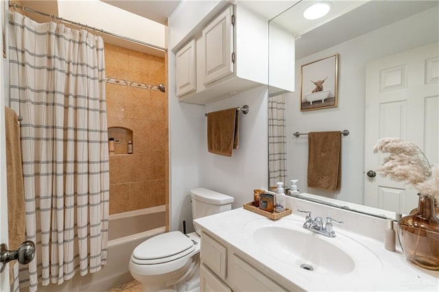 bathroom with toilet, shower / bath combo with shower curtain, and vanity