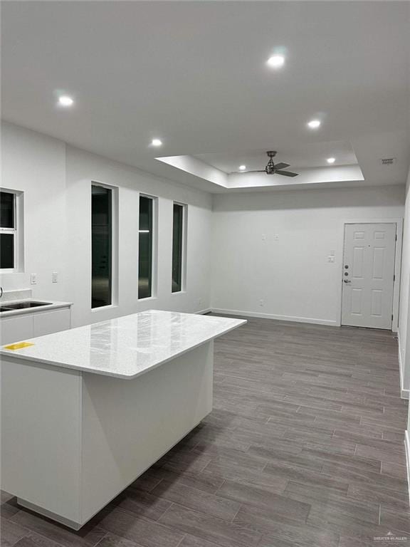 kitchen with hardwood / wood-style flooring, a raised ceiling, a kitchen island, and white cabinets