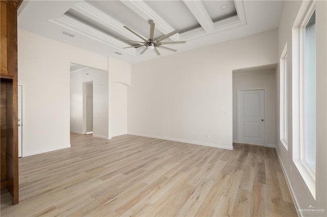 820 N Brushfield Ave, Edinburg, TX 78541 - spare room with light wood-style flooring, ceiling fan, beam ceiling, and baseboards