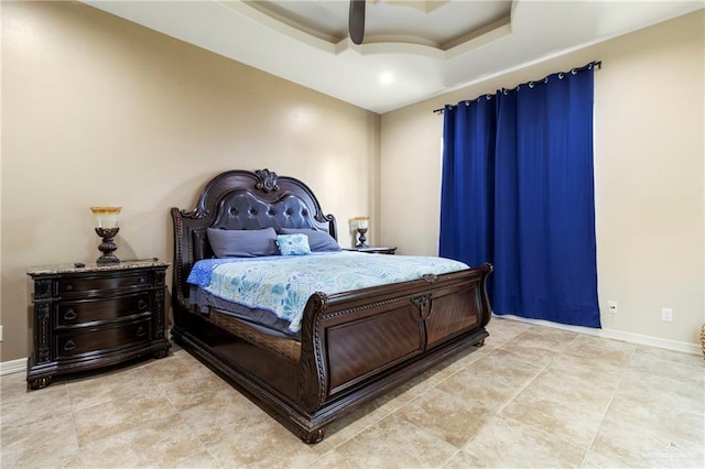 1625 Gabriels Lndg, Harlingen, TX 78550 - bedroom with a tray ceiling, baseboards, light tile patterned flooring, and ceiling fan