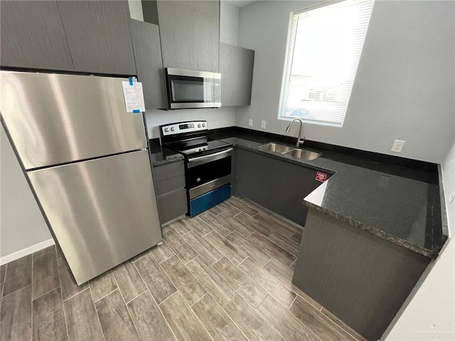 kitchen featuring a peninsula, gray cabinets, stainless steel appliances, wood finish floors, and a sink