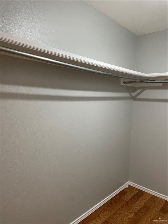 walk in closet with dark wood finished floors