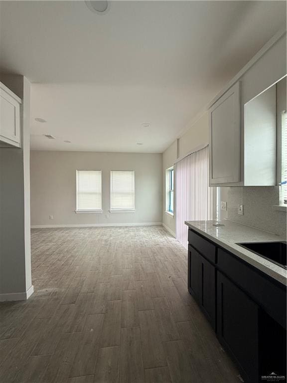 kitchen with dark hardwood / wood-style flooring, backsplash, light stone counters, sink, and white cabinetry