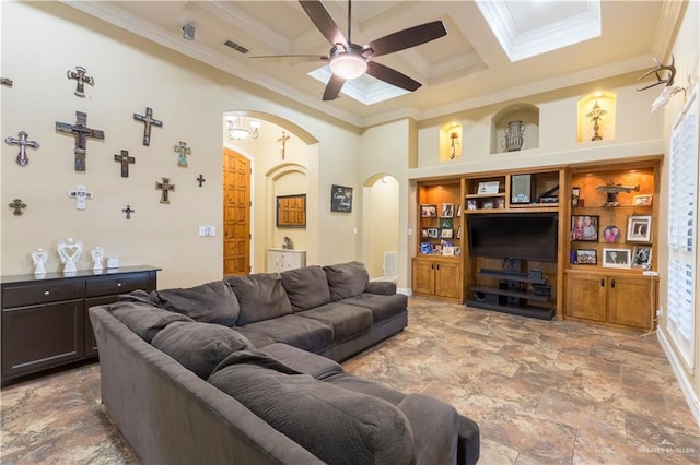 living room with crown molding, ceiling fan, beam ceiling, a high ceiling, and coffered ceiling