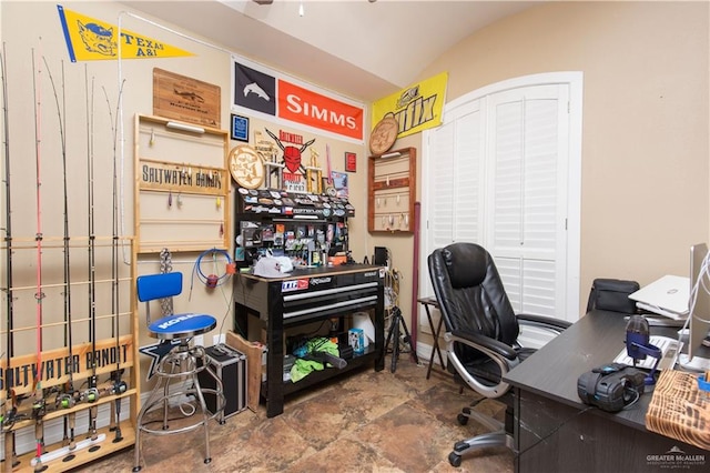 office area featuring vaulted ceiling