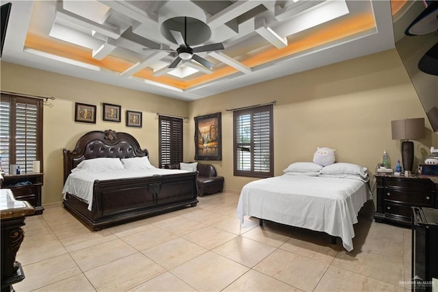 1802 E Thompson Rd, Mission, TX 78573 - bedroom with coffered ceiling, light tile patterned flooring, a ceiling fan, and beamed ceiling