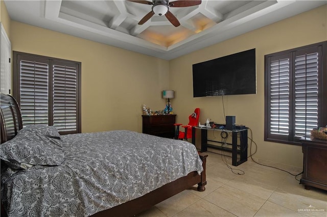 1802 E Thompson Rd, Mission, TX 78573 - tiled bedroom with coffered ceiling, beam ceiling, and a ceiling fan