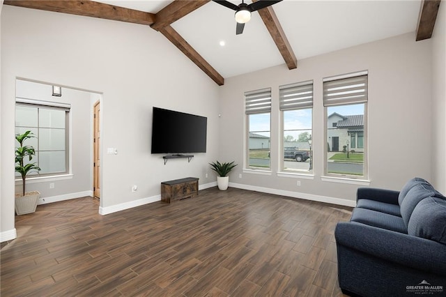 living room featuring beam ceiling, baseboards, dark wood-style flooring, and ceiling fan