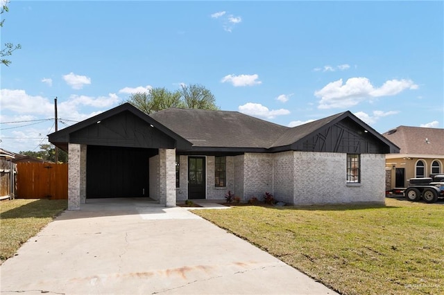 view of front facade with a shingled roof, concrete driveway, an attached garage, fence, and a front lawn