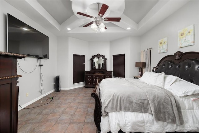 tiled bedroom with ceiling fan