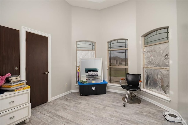 sitting room featuring light hardwood / wood-style flooring and a towering ceiling