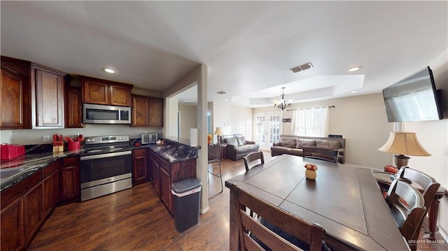 kitchen with a tray ceiling, a chandelier, stainless steel appliances, and dark hardwood / wood-style floors