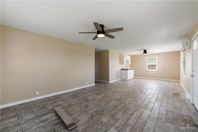 unfurnished living room featuring a wall mounted air conditioner, dark hardwood / wood-style floors, and ceiling fan