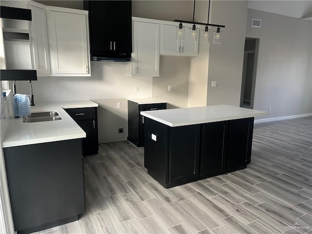 kitchen featuring dark cabinets, wood finish floors, a center island, and visible vents