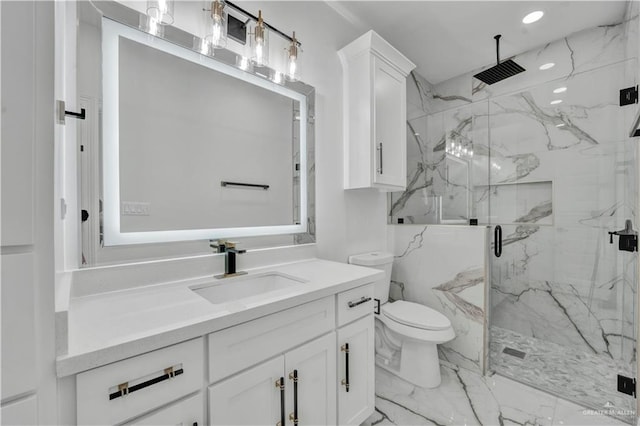 full bathroom featuring toilet, visible vents, vanity, marble finish floor, and a marble finish shower