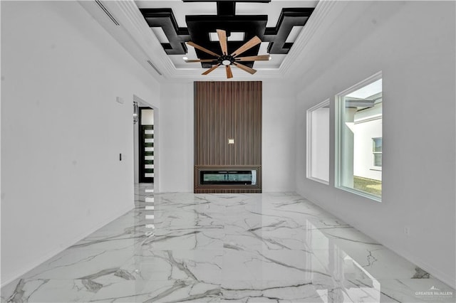 unfurnished living room with crown molding, marble finish floor, visible vents, and a large fireplace