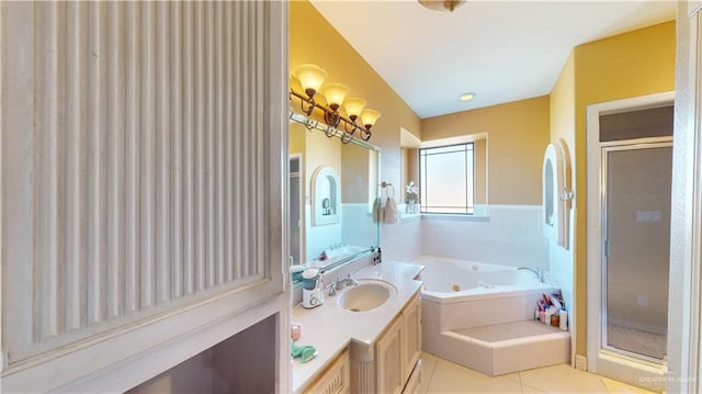 bathroom featuring tile patterned flooring, vanity, and independent shower and bath