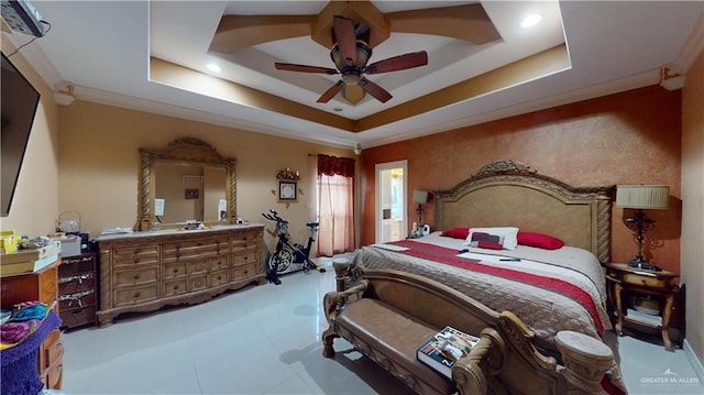 tiled bedroom featuring ceiling fan, a raised ceiling, and crown molding