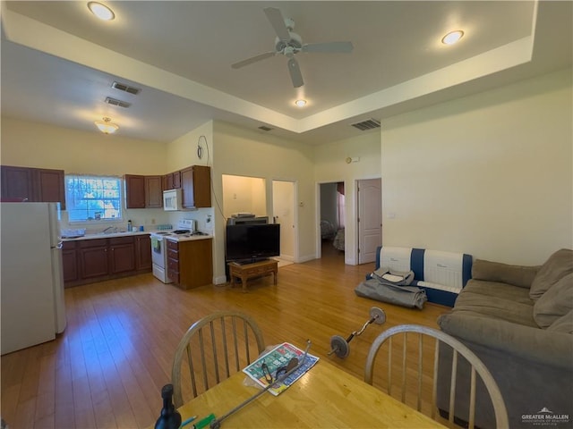 415 S Glasscock Blvd, Mission, TX 78573 - dining space featuring a tray ceiling, light wood-style flooring, and a ceiling fan