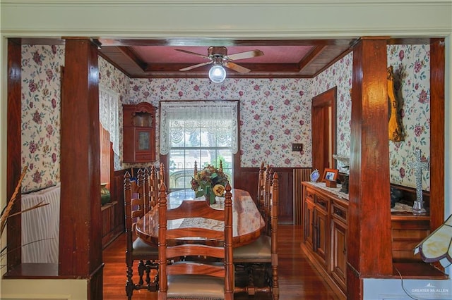 415 S Glasscock Blvd, Mission, TX 78573 - dining area featuring wallpapered walls, ornamental molding, a wainscoted wall, wood finished floors, and ceiling fan