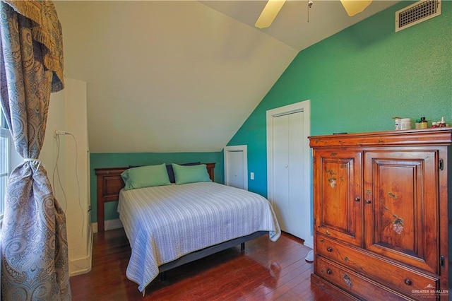 415 S Glasscock Blvd, Mission, TX 78573 - bedroom with vaulted ceiling, dark wood finished floors, and a ceiling fan
