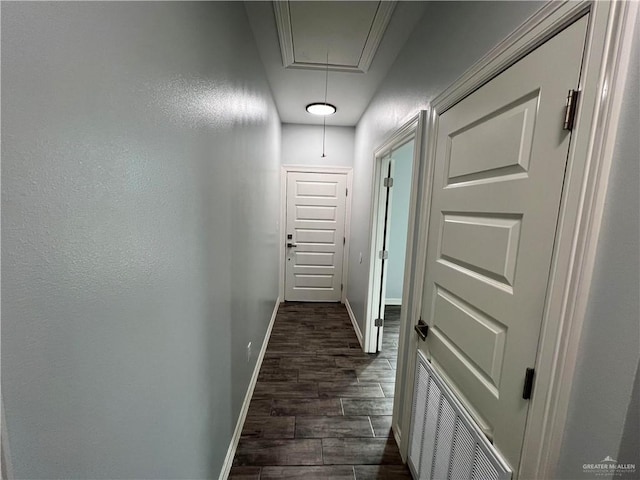 hallway featuring dark wood-type flooring