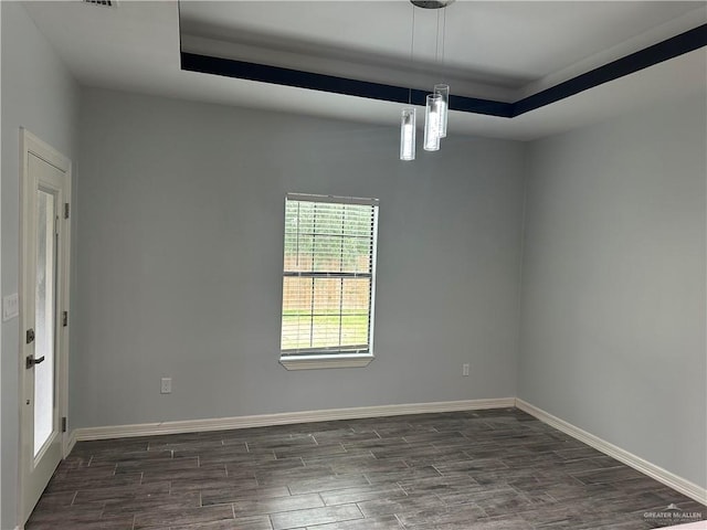 unfurnished room with a raised ceiling and dark hardwood / wood-style floors