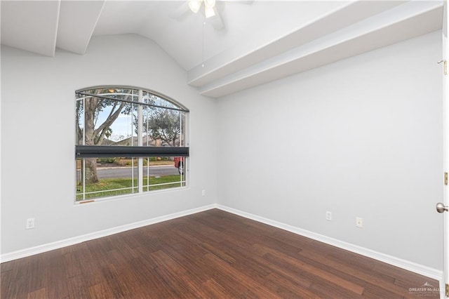 empty room with hardwood / wood-style floors, vaulted ceiling, and ceiling fan