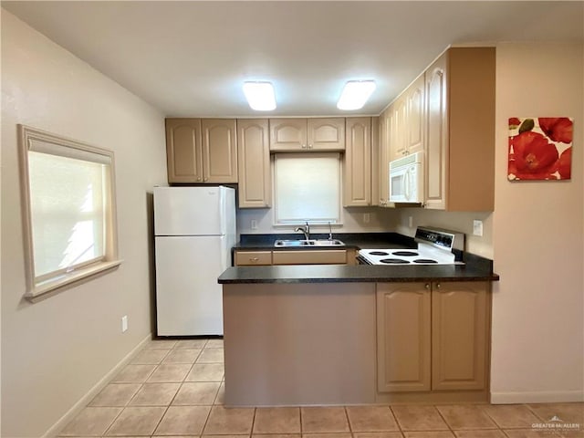 kitchen featuring light tile patterned flooring, sink, kitchen peninsula, a healthy amount of sunlight, and white appliances