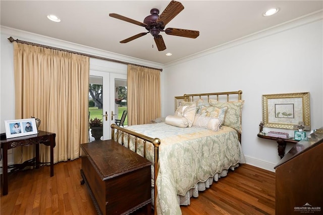 bedroom with hardwood / wood-style flooring, access to outside, ceiling fan, crown molding, and french doors