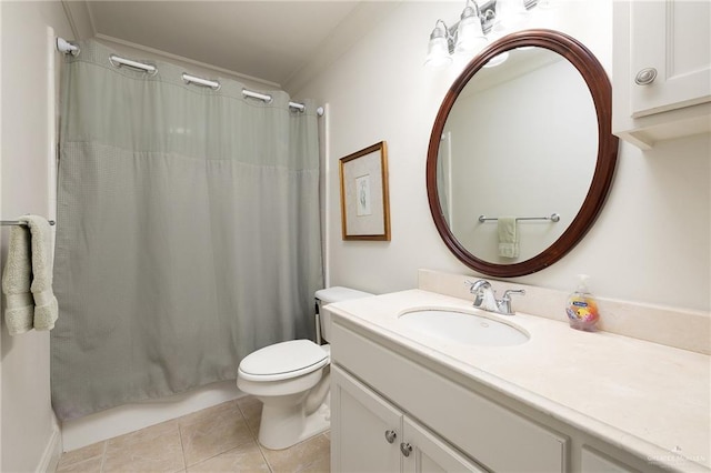 bathroom featuring curtained shower, tile patterned flooring, vanity, ornamental molding, and toilet