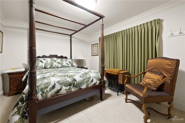 bedroom featuring ornamental molding and light tile patterned floors