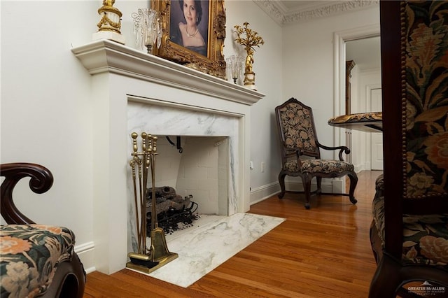 sitting room featuring wood-type flooring, ornamental molding, and a premium fireplace