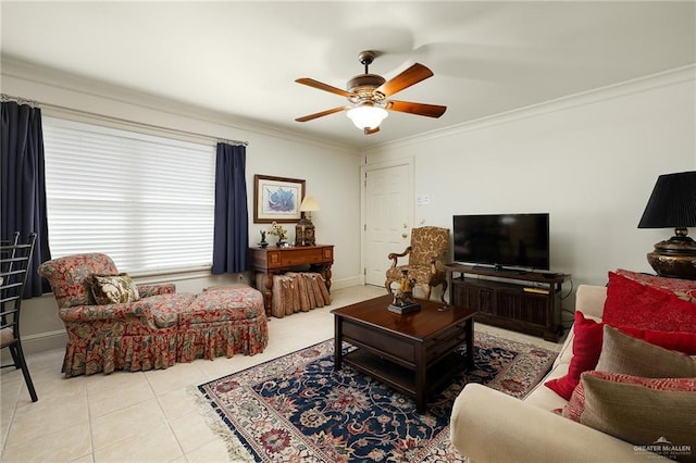 living room featuring crown molding, ceiling fan, and light tile patterned floors