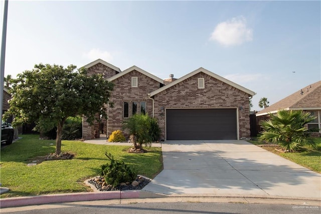 14616 Kurth Cv, Mcallen, TX 78504 - view of front of home with an attached garage, a front lawn, concrete driveway, and brick siding