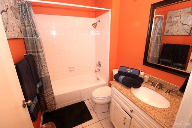 full bathroom featuring vanity, shower / tub combo with curtain, tile patterned floors, and toilet