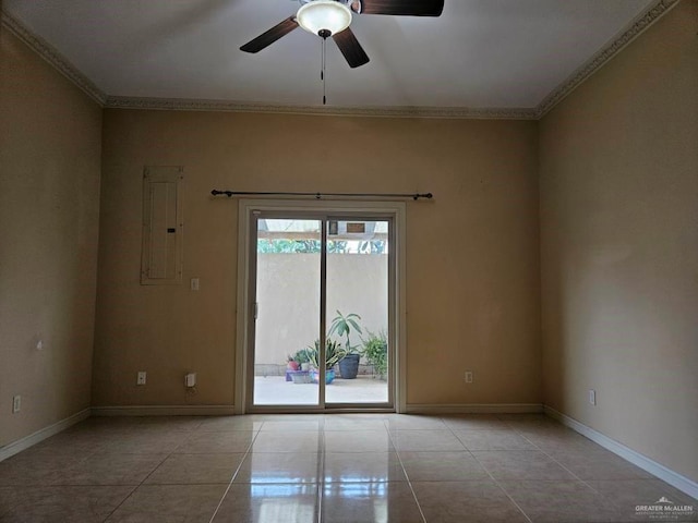 3109 S Casa Linda St, Mcallen, TX 78503 - unfurnished room featuring electric panel, a ceiling fan, ornamental molding, light tile patterned floors, and baseboards