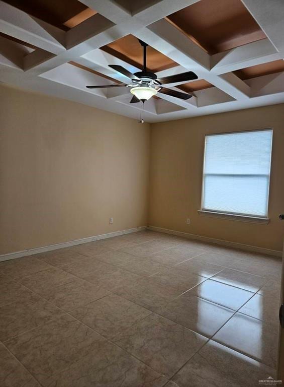 3109 S Casa Linda St, Mcallen, TX 78503 - tiled spare room featuring coffered ceiling, a ceiling fan, baseboards, and beamed ceiling