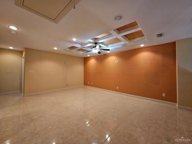 3109 S Casa Linda St, Mcallen, TX 78503 - spare room with coffered ceiling, recessed lighting, baseboards, a ceiling fan, and beamed ceiling