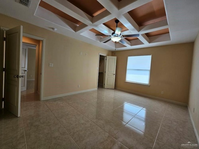 3109 S Casa Linda St, Mcallen, TX 78503 - spare room with coffered ceiling, baseboards, a ceiling fan, beam ceiling, and tile patterned flooring