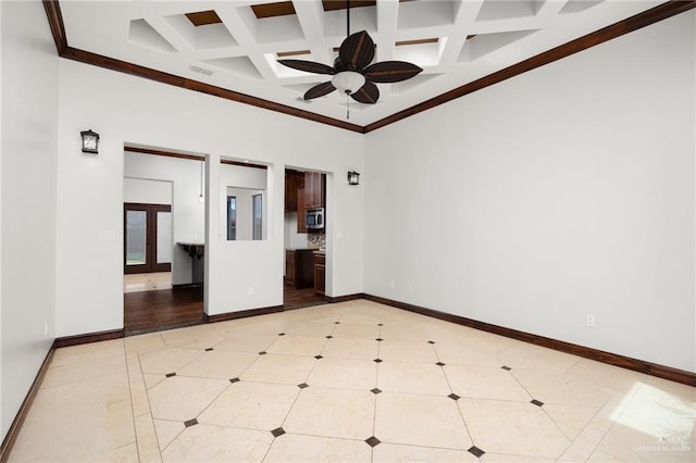 unfurnished room featuring ceiling fan, beam ceiling, ornamental molding, and coffered ceiling