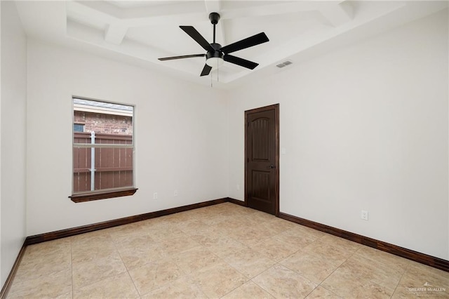 tiled spare room featuring beamed ceiling and ceiling fan