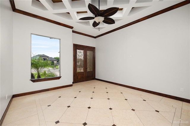 entryway with crown molding, beamed ceiling, and coffered ceiling