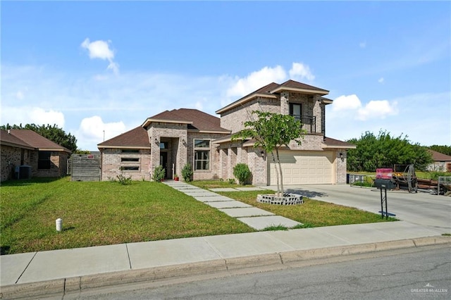 view of front of property featuring central AC unit, a garage, and a front lawn