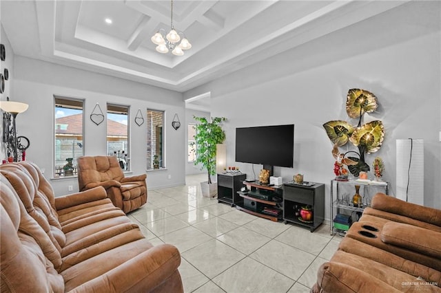 living room featuring coffered ceiling, light tile patterned flooring, and a chandelier