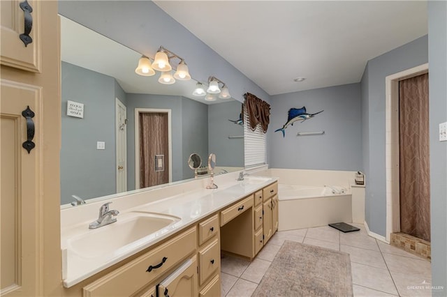 bathroom with tile patterned flooring, vanity, and plus walk in shower